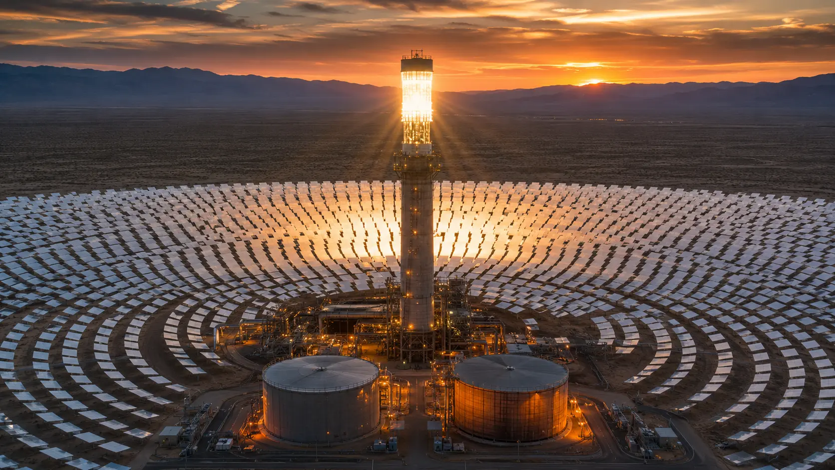 Cinematic render of liquid sodium flowing through insulated pipes in a concentrated solar power facility.