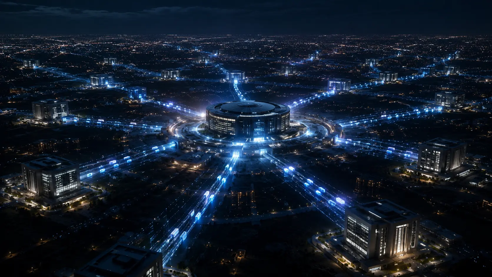 Cinematic render of midnight data streams representing the FedNow Liquidity Management Tool transferring wholesale funds.