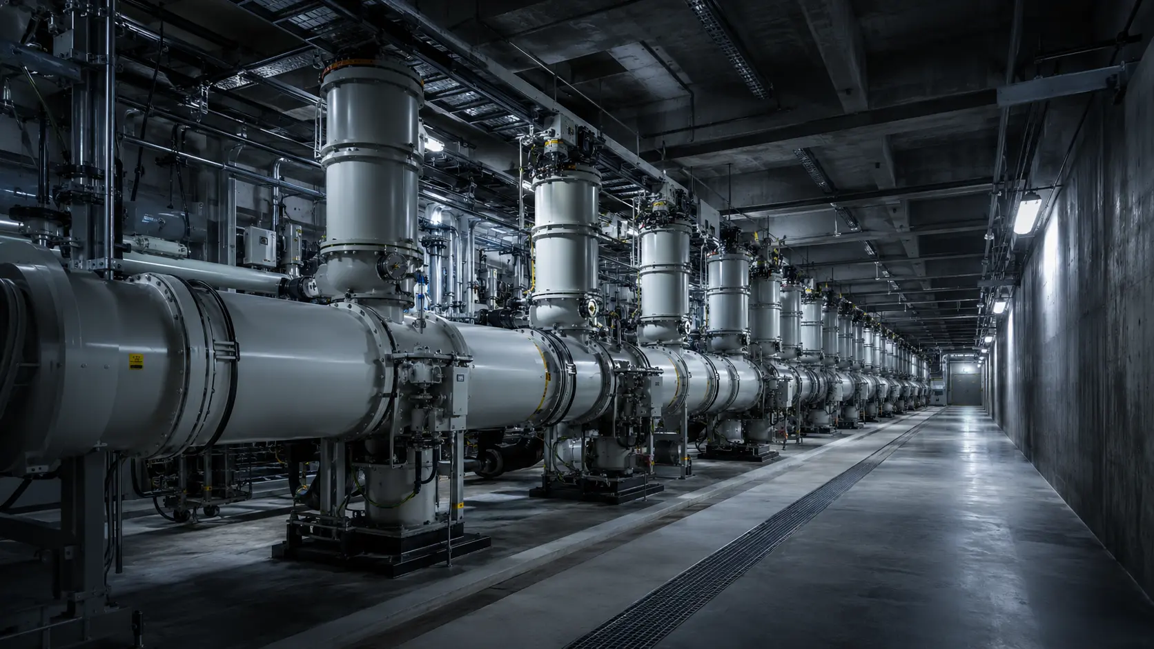 Cinematic render of pressurized metal pipes inside an underground Gas-Insulated Substation.