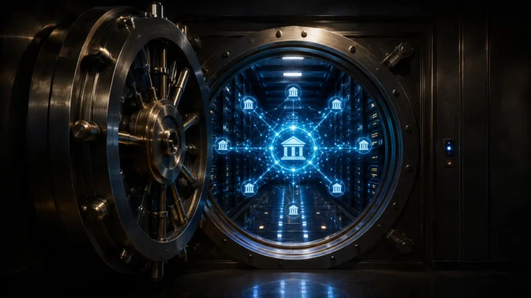 Cinematic render of the Fedwire Funds Service liquidity optimization engine processing digital central bank money