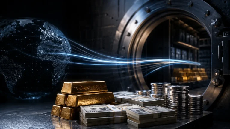 Cinematic render of two global banking nodes transferring daily variation margin collateral.
