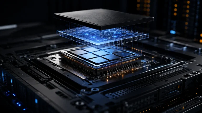 Cinematic render visualizing a cloud hypervisor isolating virtual machines on bare-metal hardware.