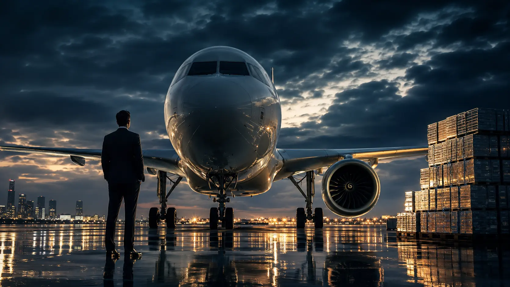 Cinematic render visualizing global aircraft leasing capital flows and securitized asset management.