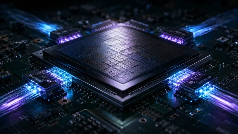 Co-Packaged Optics A cinematic macro visualization of fiber optic light integrating directly into a silicon AI processor.