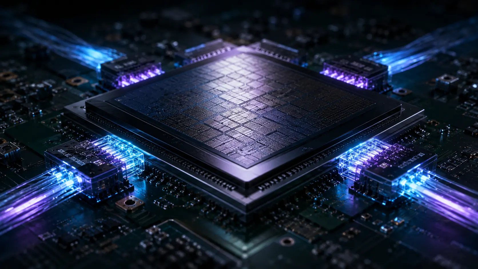 Co-Packaged Optics A cinematic macro visualization of fiber optic light integrating directly into a silicon AI processor.
