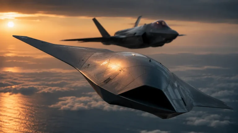Collaborative Combat Aircraft A photorealistic mid-air shot of an unmanned CCA drone flying in formation with a crewed fighter jet.