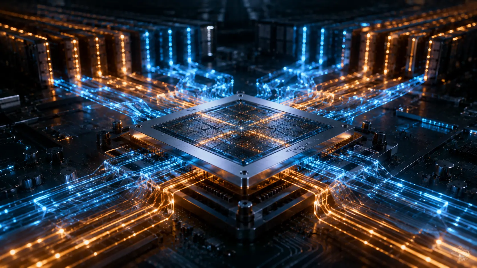 Compute Express Link A cinematic visualization of CXL data streams connecting a central processor to disaggregated memory pools.