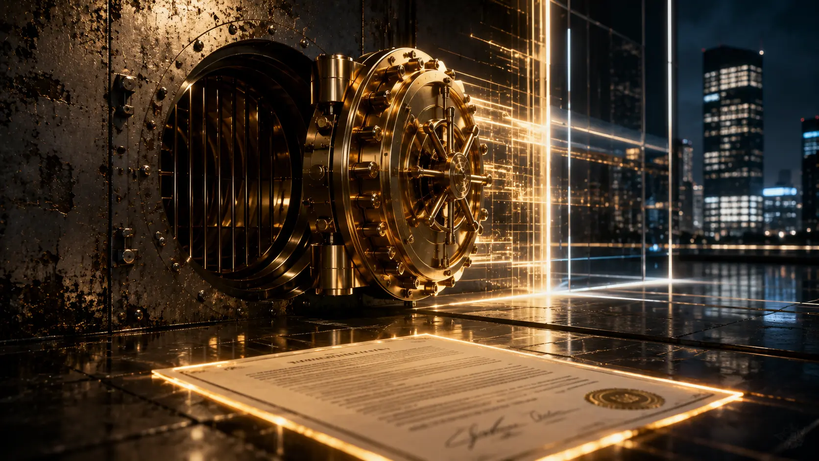Continuation Funds A cinematic visualization of a private equity asset being transferred between institutional financial vaults.