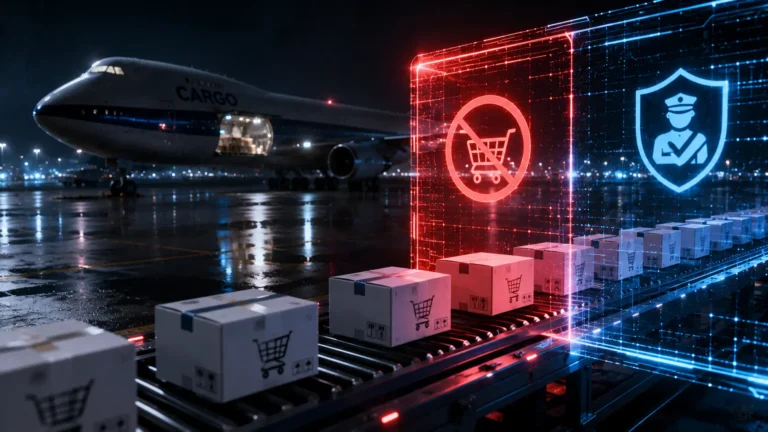 De Minimis Rule A cinematic visualization of e-commerce packages being stopped by a digital customs border at an air cargo terminal.