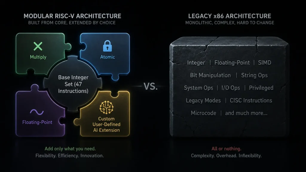Diagram of the RISC-V Architecture showing the Base Integer Set and custom modular extensions for AI microchips.