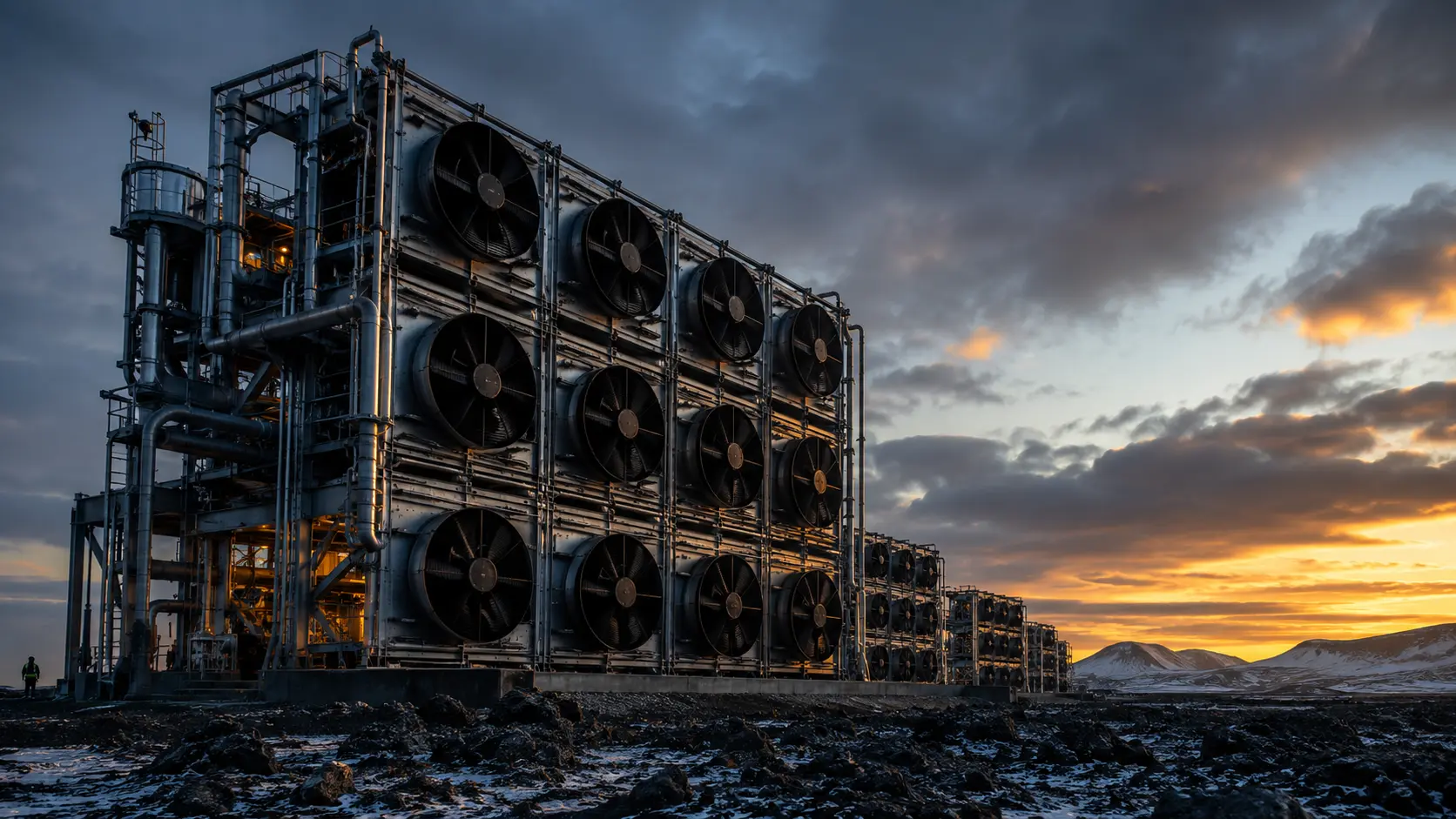Direct Air Capture A photorealistic industrial shot of massive modular DAC fan units operating in a stark, natural landscape.