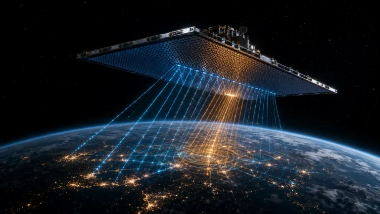 Direct-to-Device A cinematic visualization of a massive phased array satellite beaming a cellular connection directly to Earth.