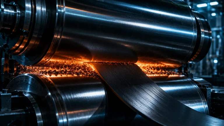 Dry Battery Electrode A cinematic visualization of massive steel calender rollers pressing dry powder into a solid battery film.