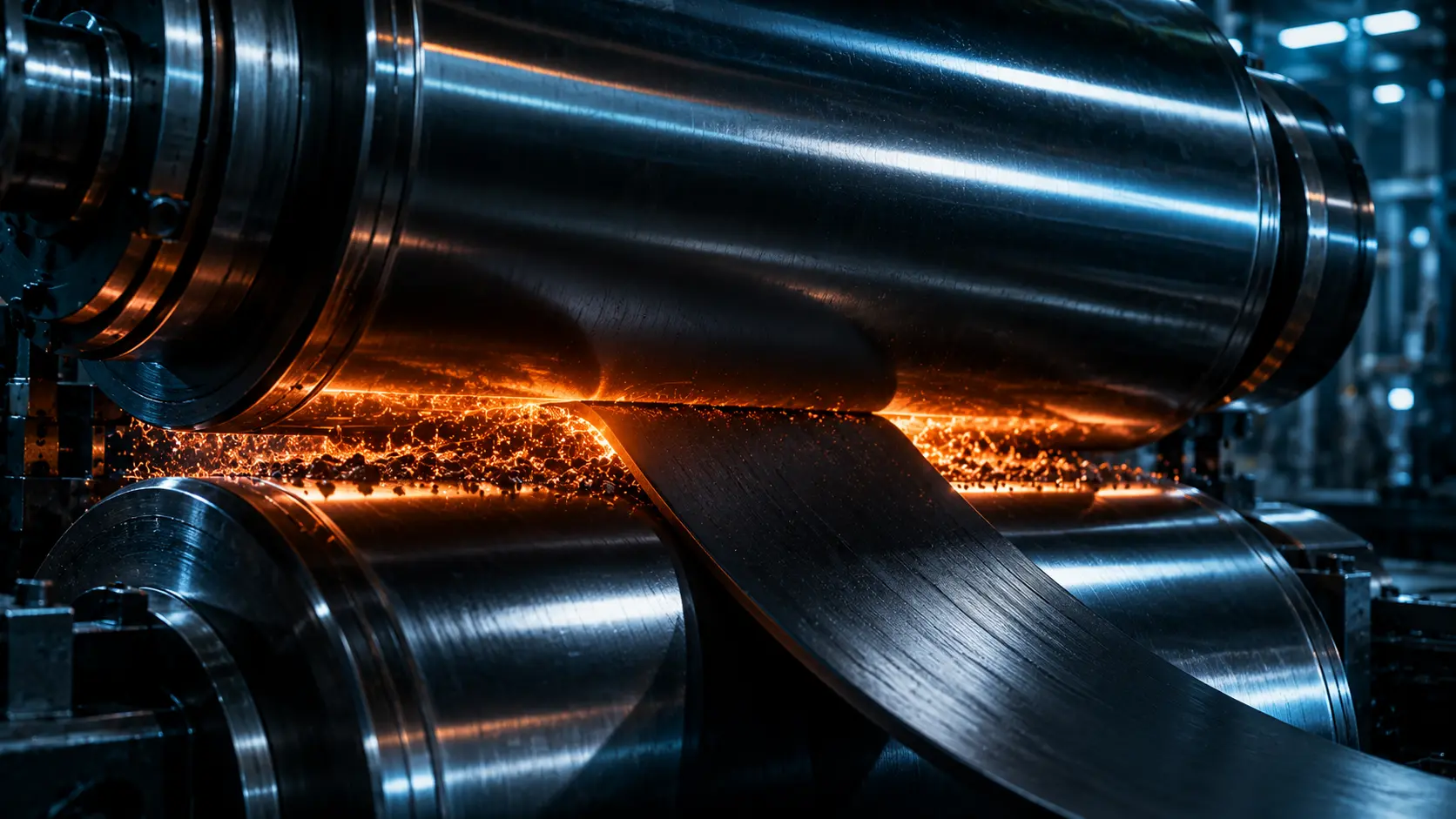 Dry Battery Electrode A cinematic visualization of massive steel calender rollers pressing dry powder into a solid battery film.