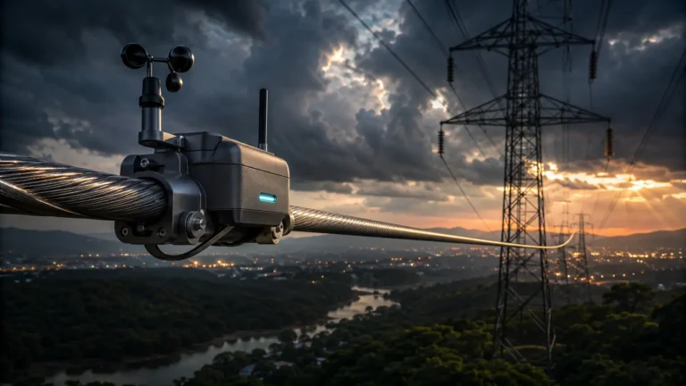 Dynamic Line Rating A cinematic macro visualization of an advanced IoT sensor clamped to a high-voltage transmission power line.