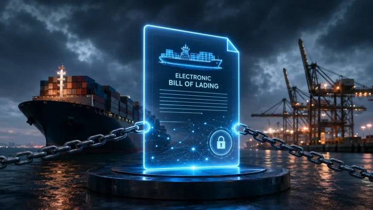 Electronic Bill of Lading A cinematic visualization of a cryptographic digital token securing a steel shipping container.