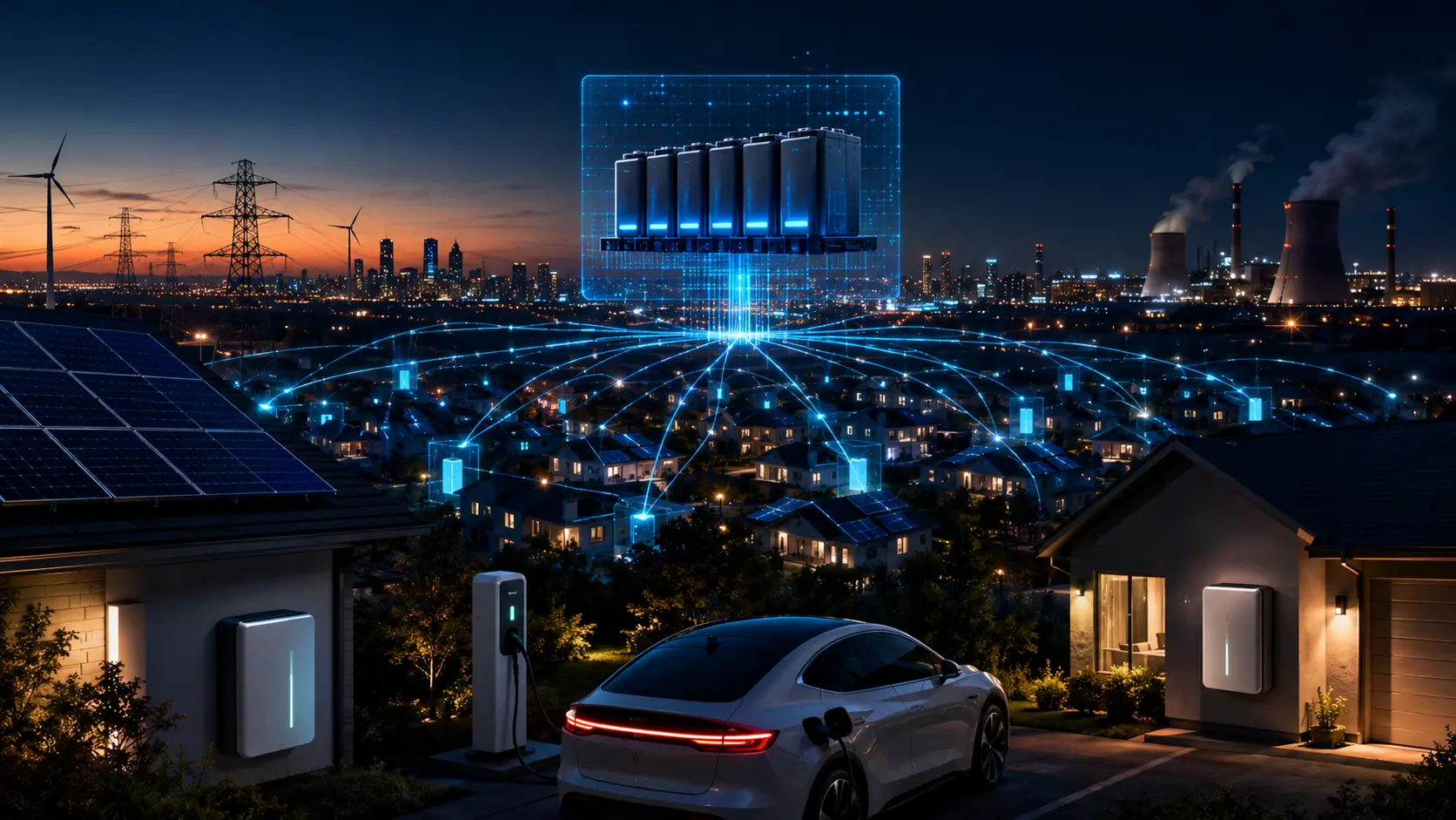 FERC Order 2222 A cinematic visualization of a smart home battery digitally connecting to a massive high-voltage grid substation.