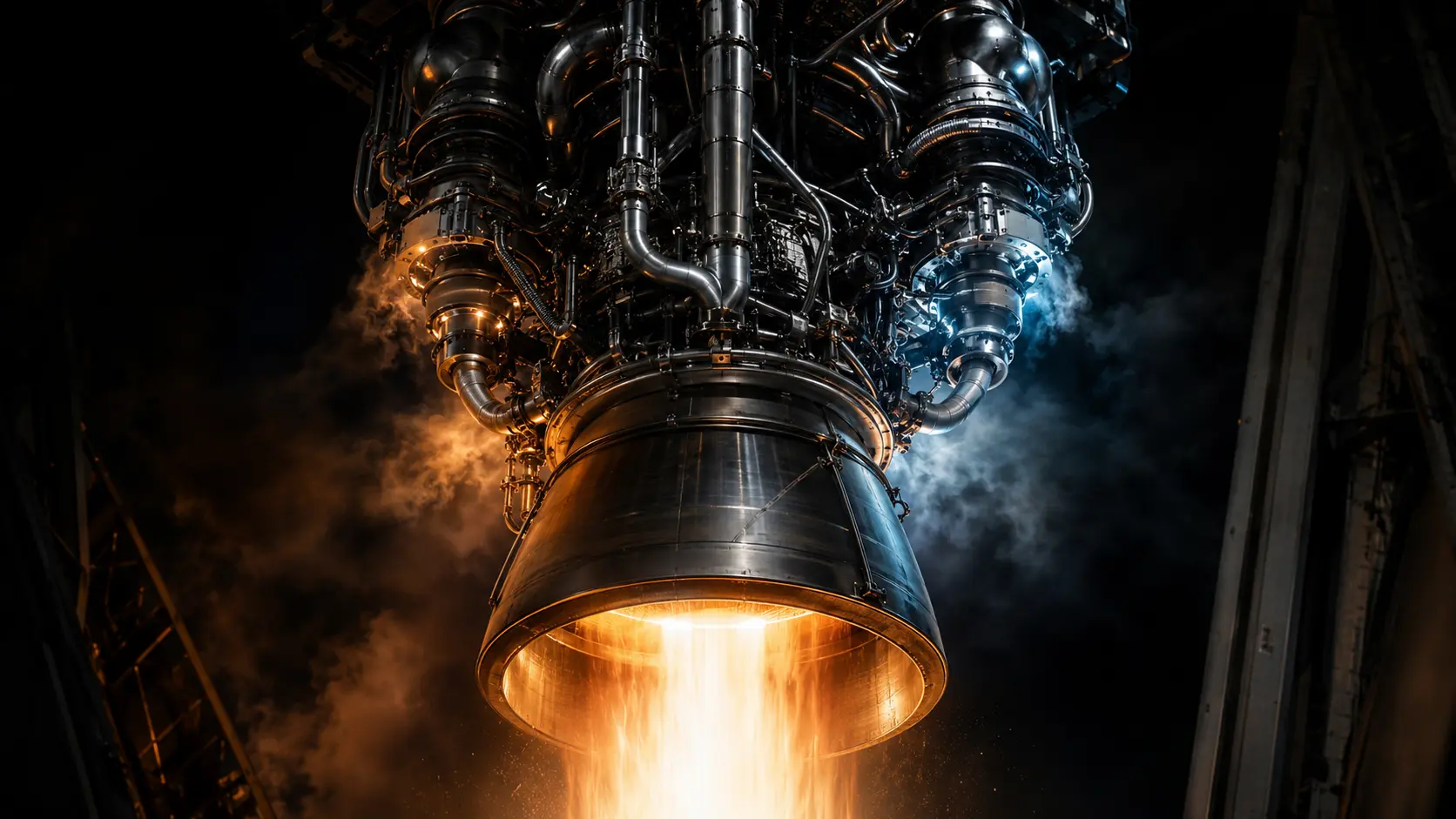 Full-Flow Staged Combustion A cinematic macro view of digital fluid dynamics schematics superimposed over a complex deep-space rocket engine.
