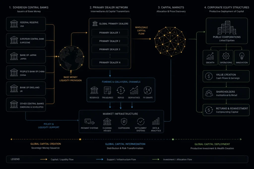 Chart demonstrating how the capital system and bond markets shape global economic power.