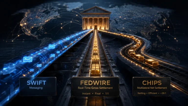 Global Financial Settlement A cinematic visualization of secure SWIFT, Fedwire, and CHIPS data networks transmitting global liquidity.