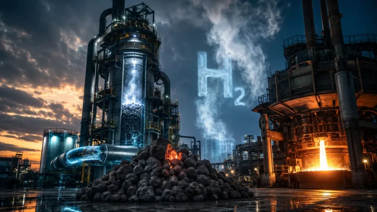 Green Hydrogen Steelmaking A cinematic view of a Direct Reduced Iron (H2-DRI) reactor tower with digital hydrogen telemetry.