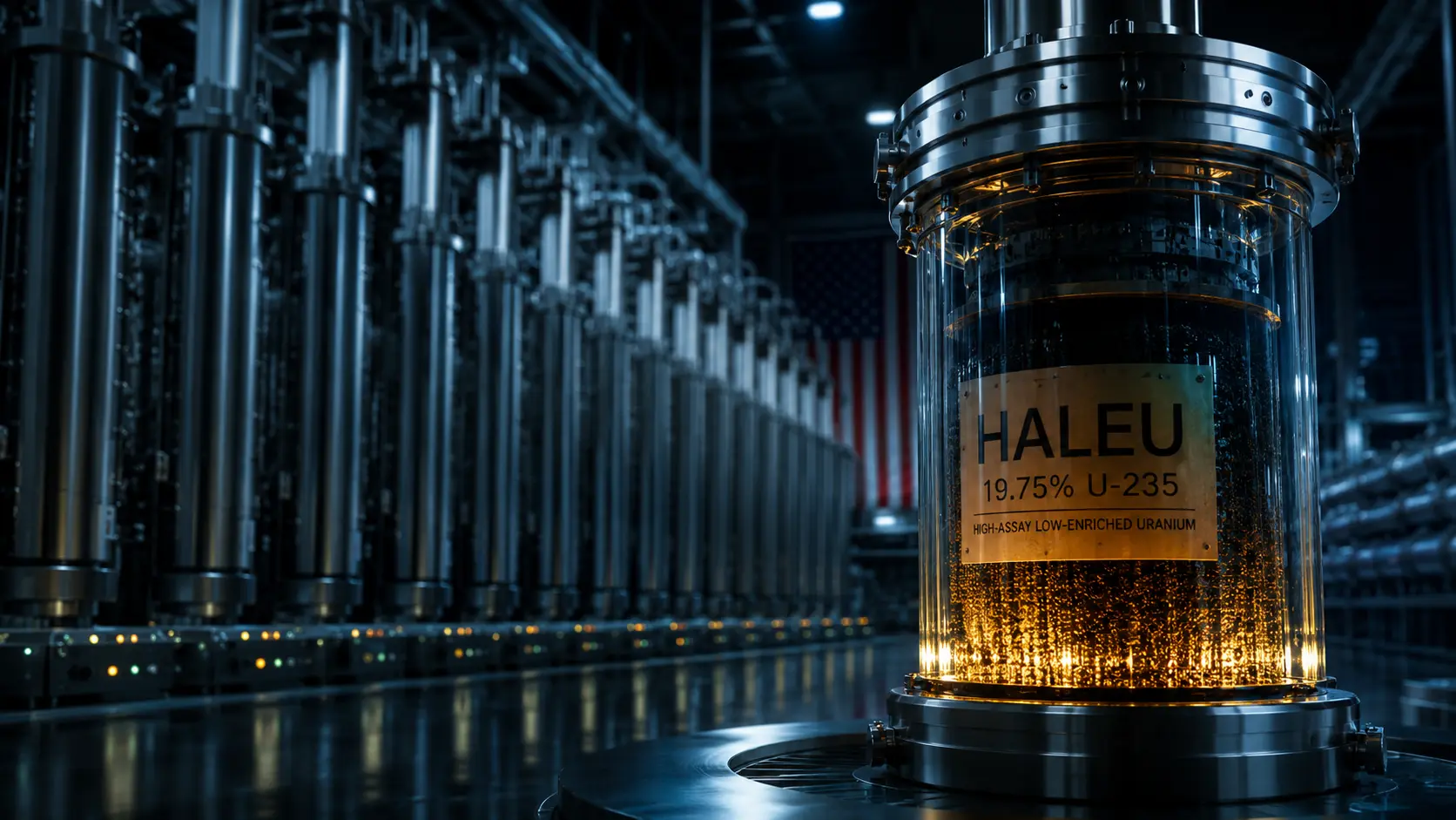 HALEU Supply Chain A cinematic macro visualization of advanced nuclear TRISO fuel glowing warmly in front of enrichment centrifuges.