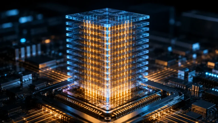 HBM4 A cinematic macro visualization of 3D stacked memory chips utilizing glowing vertical Through-Silicon Vias.