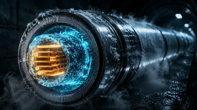 HTS cables A cinematic visualization of a High-Temperature Superconducting cable cooled by liquid nitrogen for an AI data center.