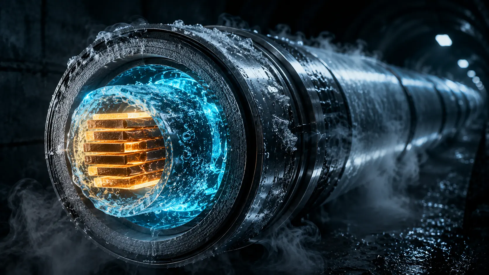 HTS cables A cinematic visualization of a High-Temperature Superconducting cable cooled by liquid nitrogen for an AI data center.