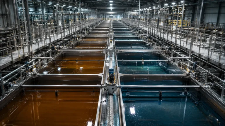 Heavy rare earth separation A photorealistic industrial shot of massive liquid-liquid solvent extraction mixer-settler tanks inside a chemical refining plant.