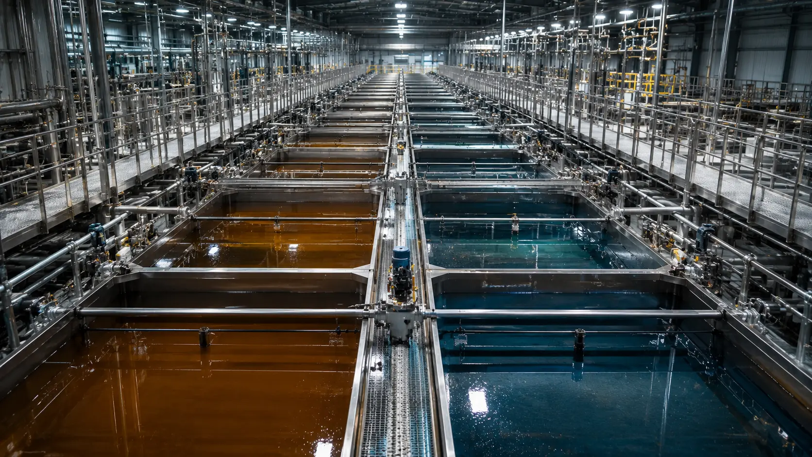 Heavy rare earth separation A photorealistic industrial shot of massive liquid-liquid solvent extraction mixer-settler tanks inside a chemical refining plant.