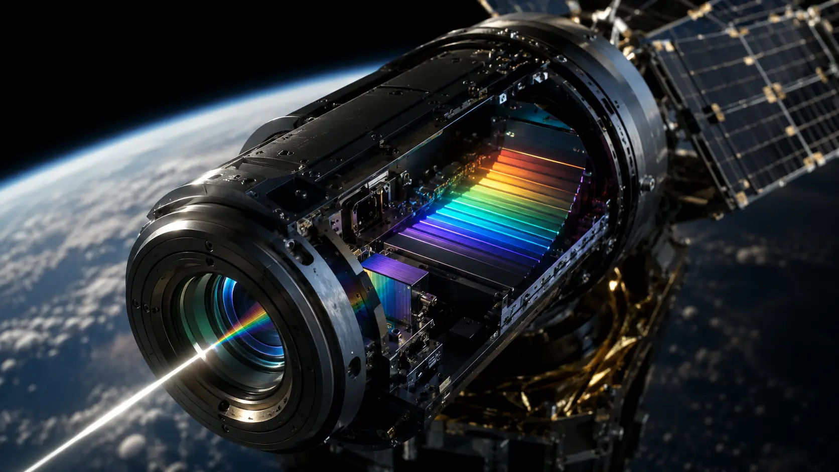 Hyperspectral Satellites A cinematic macro visualization of a space-based optical spectrometer splitting light into chemical bands.