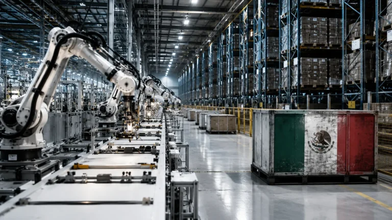 IMMEX program: A photorealistic shot of a massive, highly automated nearshoring manufacturing facility in Mexico.