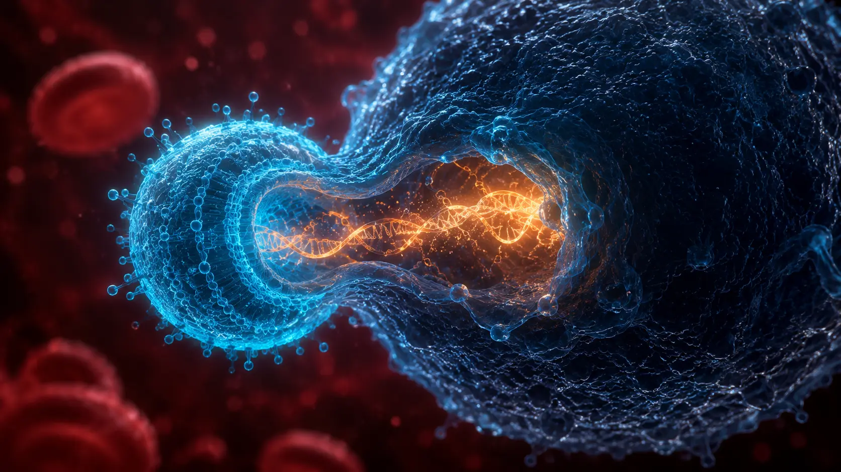 In vivo CAR-T A cinematic visualization of a targeted lipid nanoparticle delivering mRNA directly to a T-cell in the bloodstream.