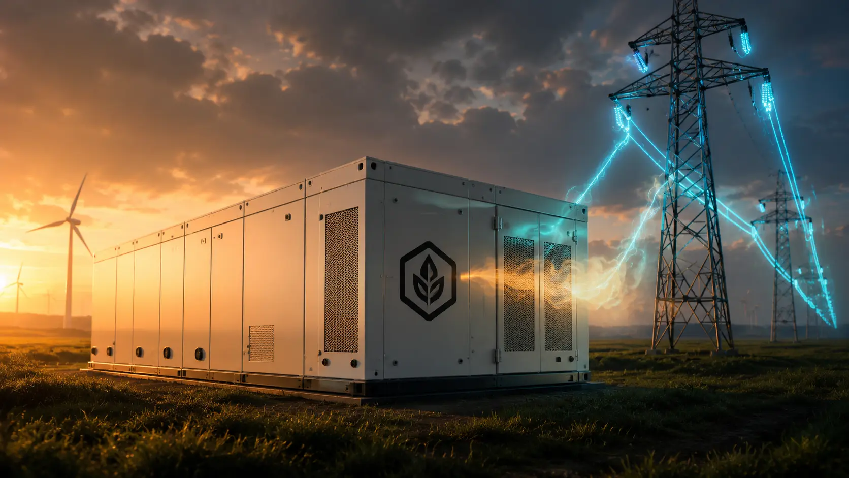 Iron-air batteries A cinematic visualization of a massive multi-day energy storage module connecting to the power grid.