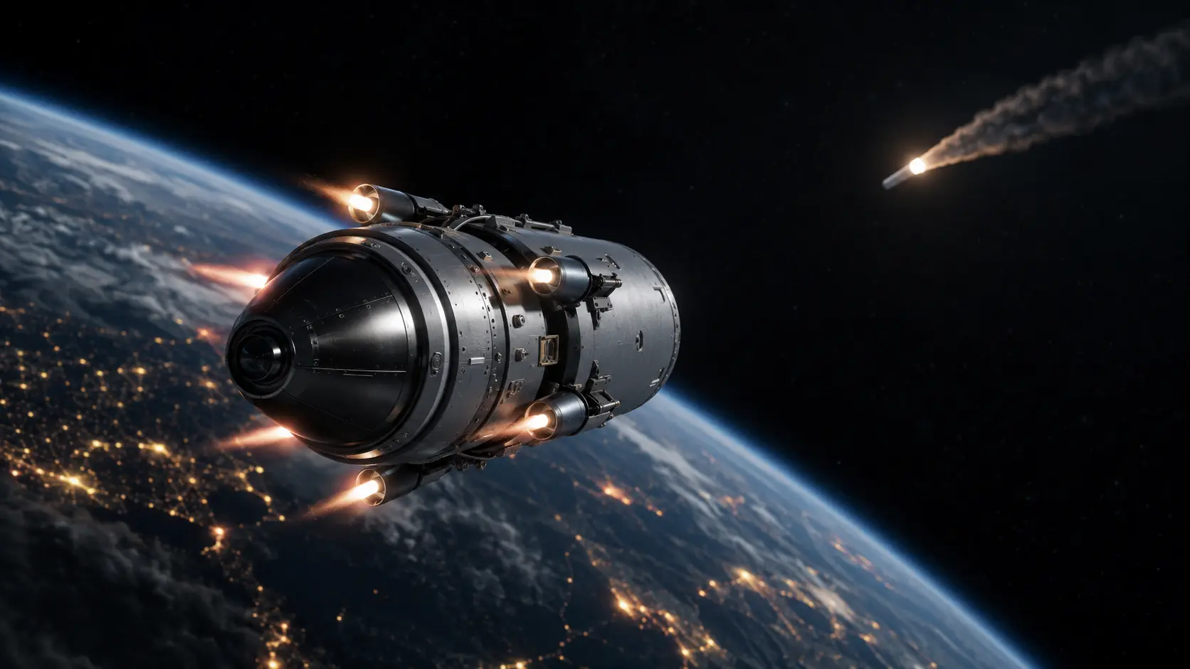Kinetic kill vehicle using lateral DACS thrusters to intercept an incoming ICBM in space.