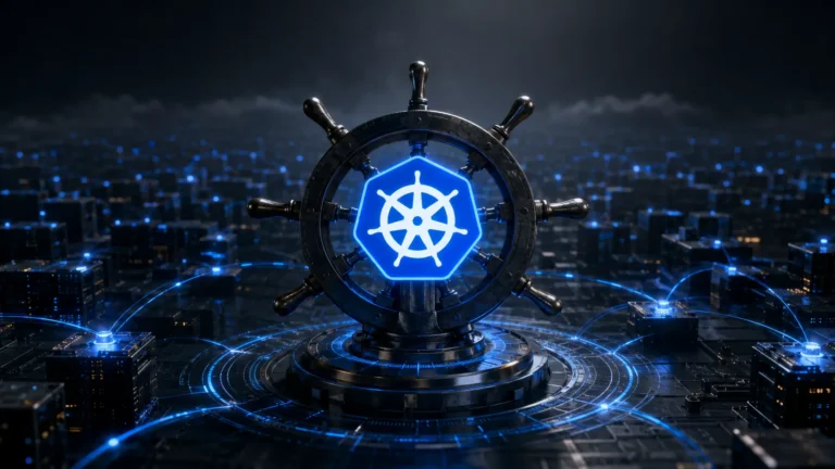 Kubernetes A cinematic 3D rendering of glowing, interconnected digital cubes representing automated cloud software containers.