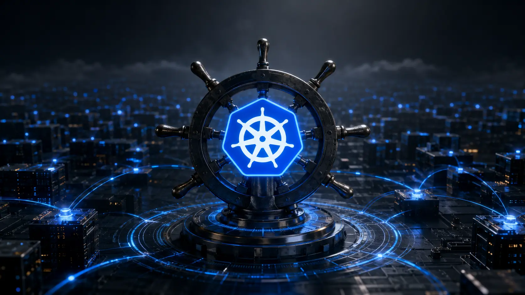 Kubernetes A cinematic 3D rendering of glowing, interconnected digital cubes representing automated cloud software containers.