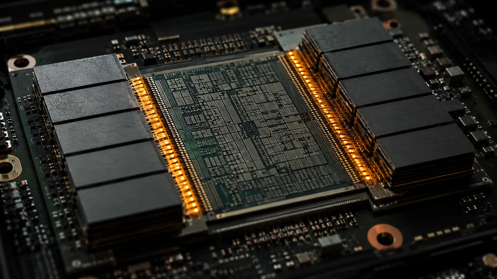 LLM inference A macro photorealistic shot of an AI GPU chip highlighting the physical memory wall bottleneck.