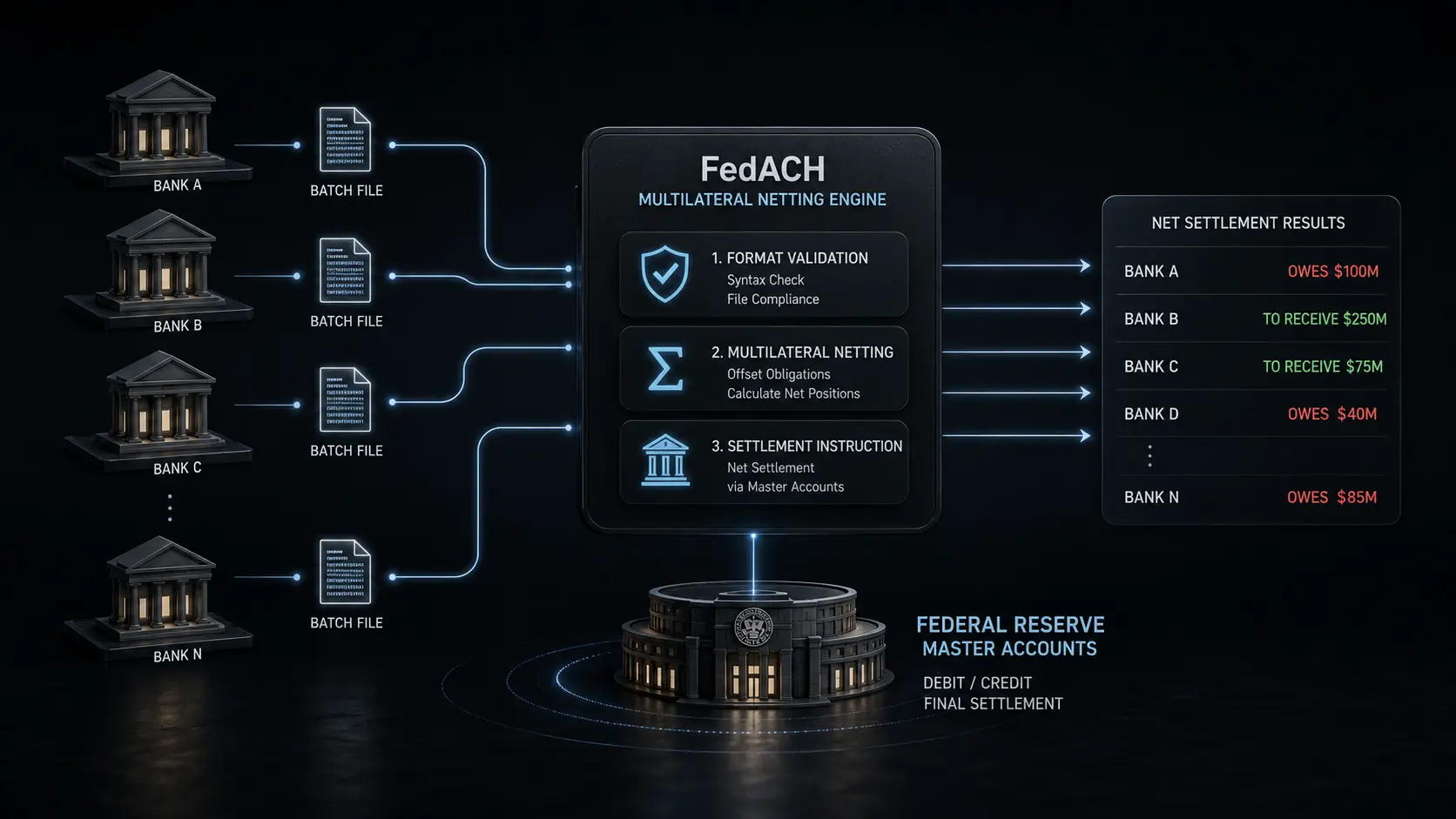 Macro photograph blending traditional bank vaults with enterprise data servers to represent the ACH network.