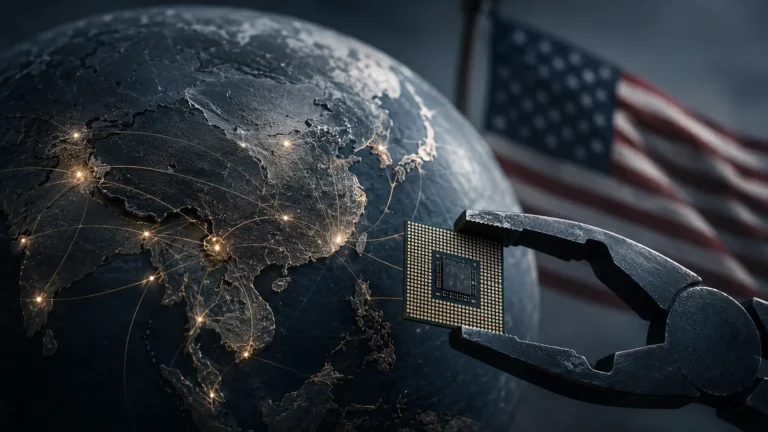 Macro photograph of EUV lithography hardware representing the Foreign Direct Product Rule in semiconductor manufacturing.