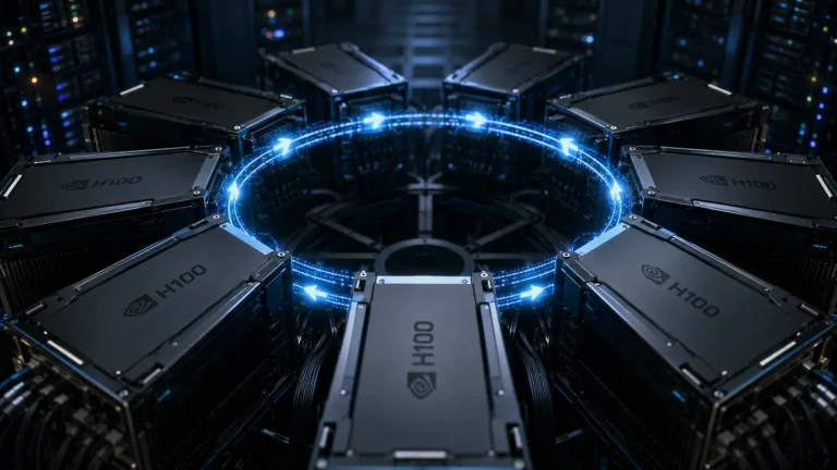 Macro photograph of NVLink bridges connecting GPUs, representing the Ring-Attention protocol.