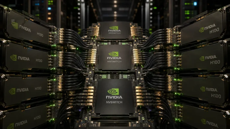 Macro photograph of NVLink copper cables and GPU heatsinks representing AI data center networking.