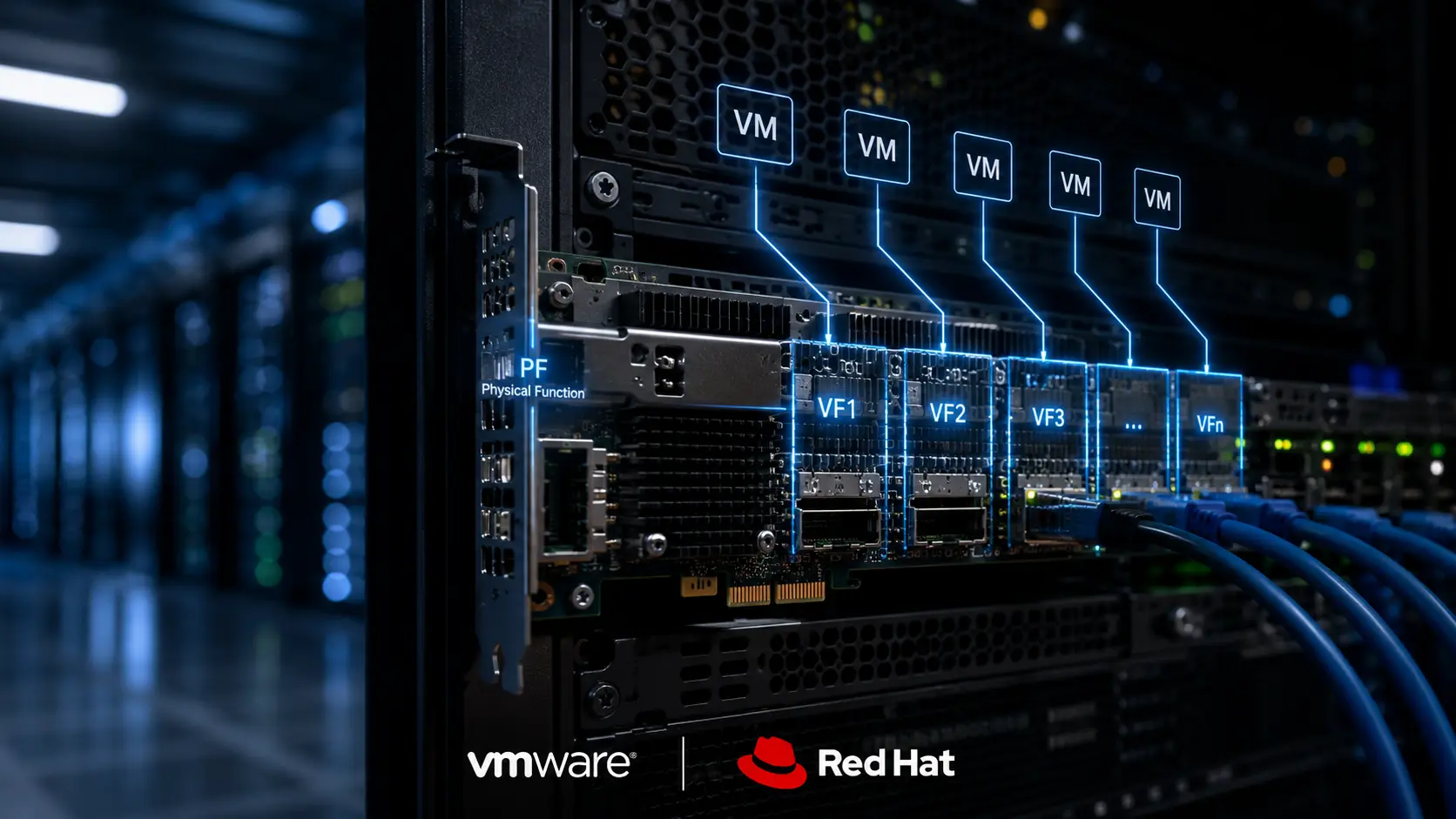 Macro photograph of a 100-gigabit PCIe network interface card representing SR-IOV hardware virtualization.