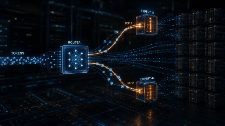 Macro photograph of a GPU cluster representing a sparse Mixture of Experts AI architecture.