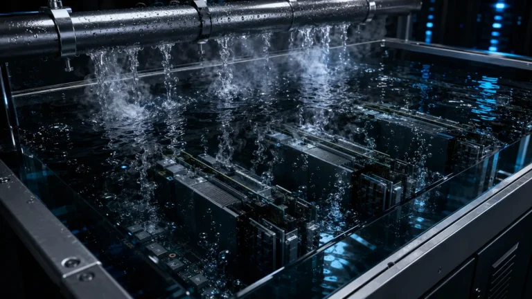 Macro photograph of a GPU submerged in boiling dielectric fluid representing two-phase immersion cooling.