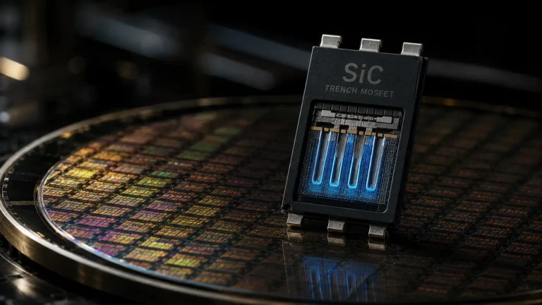 Macro photograph of a Silicon Carbide wafer representing Trench MOSFET power electronics.