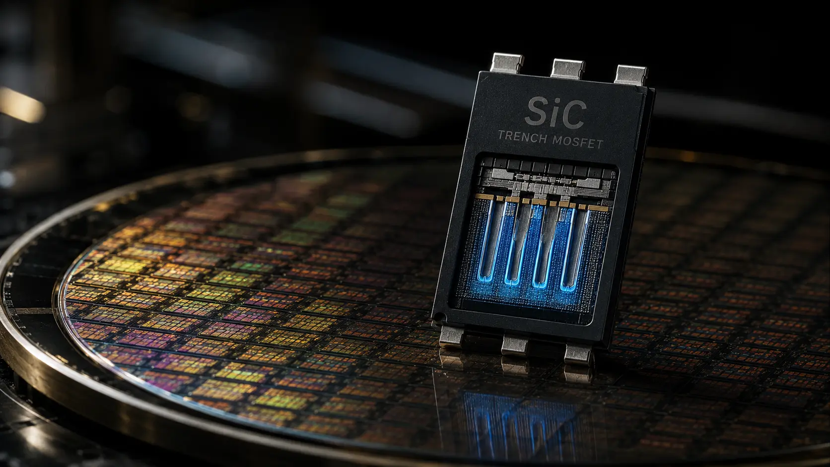 Macro photograph of a Silicon Carbide wafer representing Trench MOSFET power electronics.