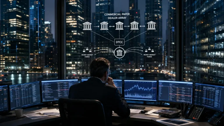 Macro photograph of a financial trading terminal displaying commercial paper and short-term debt yields.