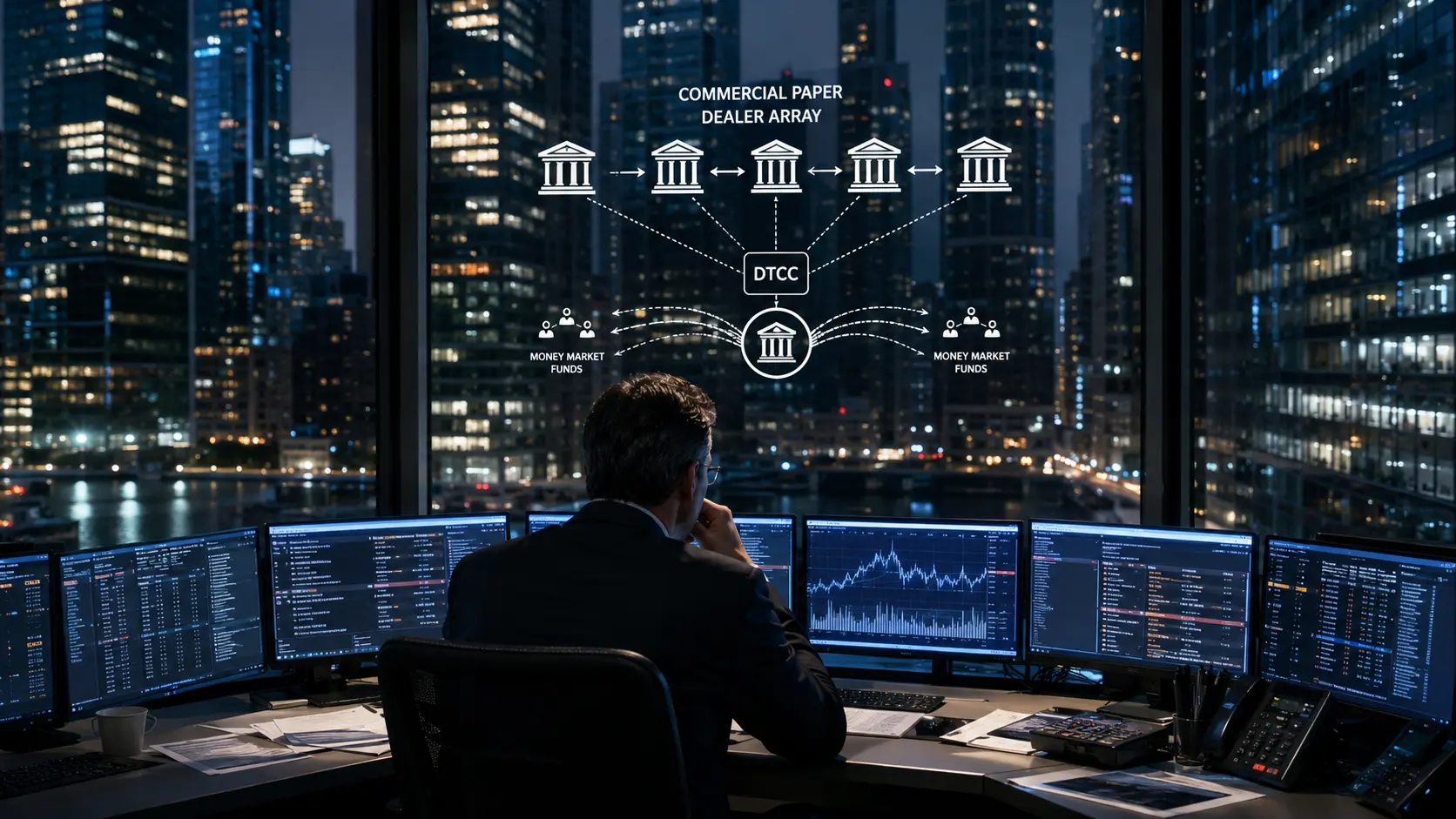 Macro photograph of a financial trading terminal displaying commercial paper and short-term debt yields.